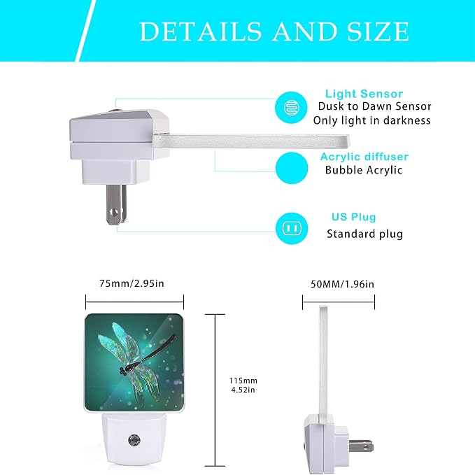 Dragonfly Night Light,Fantasy Green Dragonfly Plug-in Night Lights with Dusk-to-Dawn Sensor for Bedroom, Bathroom and Living Room Sleep Friendly lamp for Women/Girls/Boys Gift,0.5W