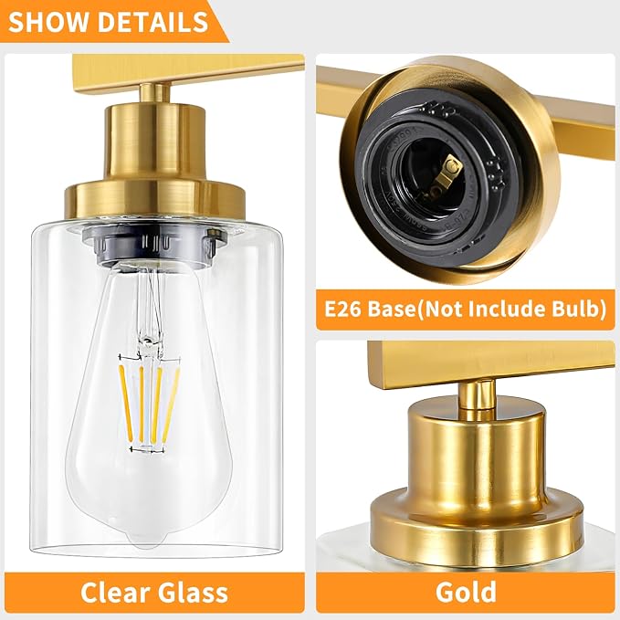 3 Light Gold Bathroom Light Fixtures, Bathroom Vanity Light Over Mirror, Gold Wall Sconce Vanity Lighting with Clear Glass Shade,Modern Farmhouse Bath Wall Lamp for Mirror Kitchen