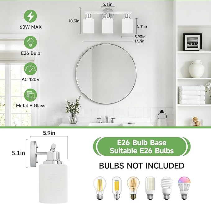 3-Light Chrome Vanity Lights for Mirror, Bathroom Light Fixtures with Textured Milky White Glass Shade, Modern Kitchen Light Fixtures Wall Sconce Light