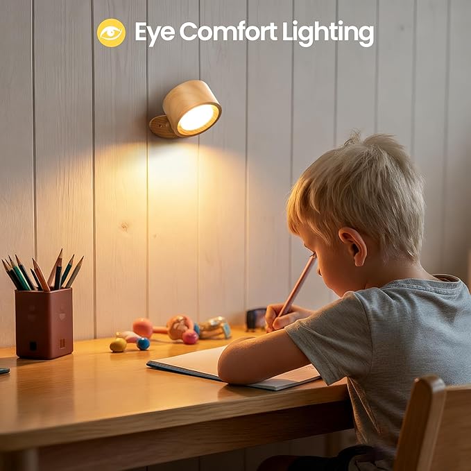 Wall Mounted Lamp LED Wall Lights with Rechargeable Battery Operated, 3 Color Temperatures & 3 Brightness Levels 360°Rotate Magnetic Ball, Cordless Sconces for Bedroom Reading Bedside,Wood-2 Pack