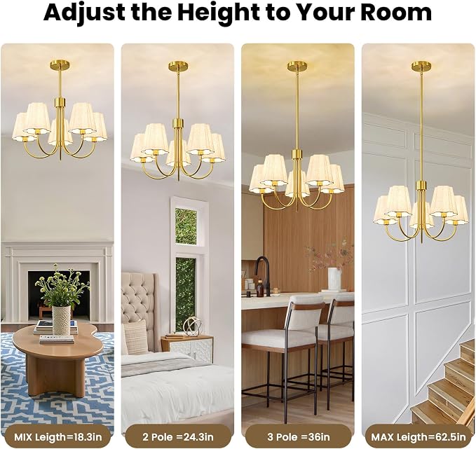 RUIYEY Modern Dining Room Chandelier - 23" 5-Light Black Chandeliers Over Table with Fabric Shades, Adjustable Hanging Dining Room Light Fixture, E12 Hardwired Ceiling Light for Bedroom Living Room