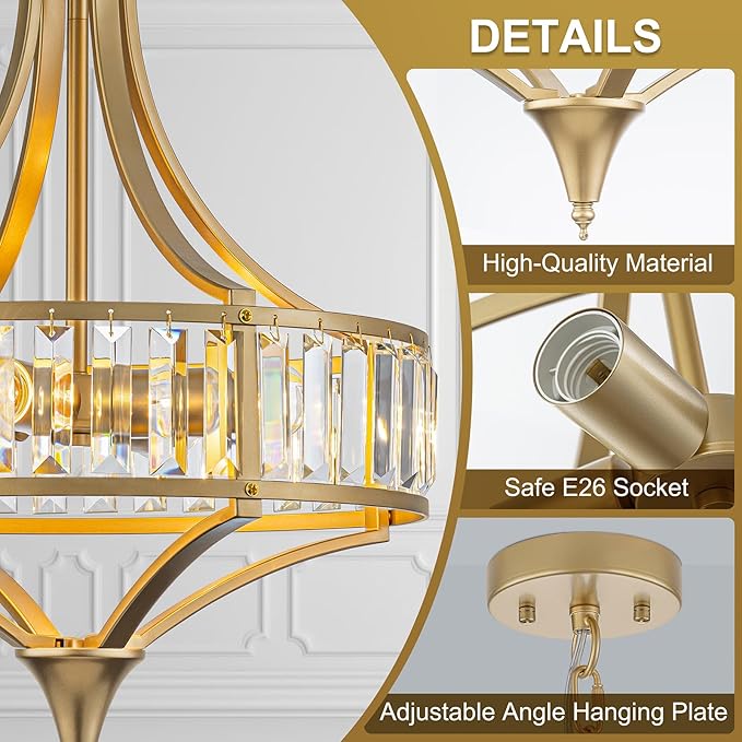 Crystal Vintage Chandeliers for Dining Room, 15.7" 4-Light Modern Gold Round Pendant Light Fixtures, Bathroom Chandelier for Entryway Foyer Living Room Bedroom Kitchen Island