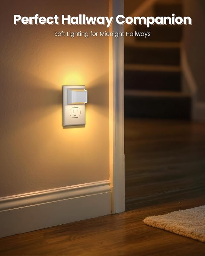 Plug in Night Light, Auto Brightness Sensor Night Light, 3000K Warm White, Ultra-Slim Wall Light for Hallway Bathroom Bedroom Stairs, White, 2 Pack
