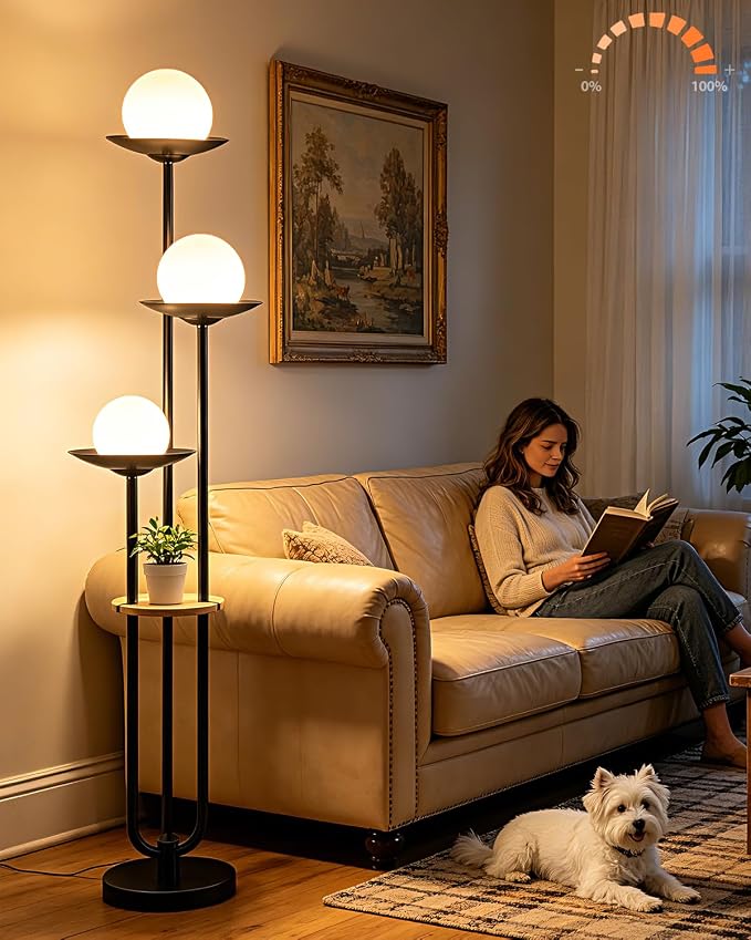 Lightdot 3-Globe Dimmable Floor Lamp with Table Modern Floor Lamps with 5Lbs Heavy Base for Wedding/Party 3000K Warm White Bulbs Included Black Standing Lamp for Living Room/Bedroom/Sofa Beside/Corner