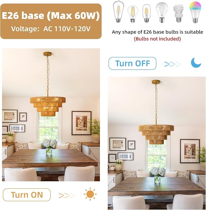 6 Lights Boho Rattan Pendant Light 19.7” Large Farmhouse Chandelier with 3-Tier Wicker Shade Bohemian Gold Ceiling Hanging Light for Dining Room Living Room Kitchen