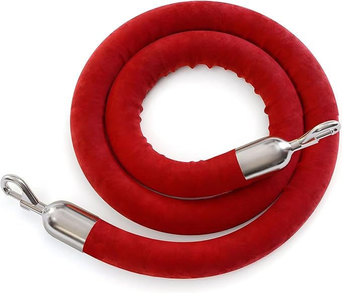 Montour Line Velvet Hanging Stanchion Rope Foam Core, 8 Foot Red Rope with Polished Stainless Steel Snap Ends