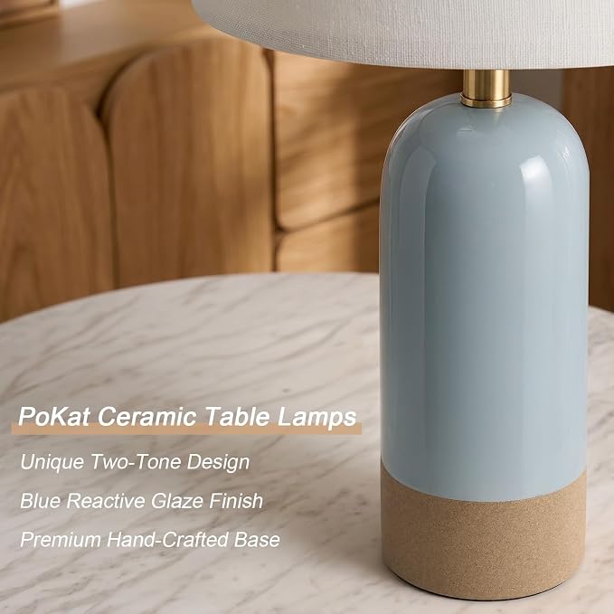 PoKat 24'' Farmhouse Blue Table Lamps Set of 2 for Living Room, Two-Tones | Ceramic Bedside Lamps for Bedroom, Hand-Textured Design, Kiln Variation Glaze, Coastal Lamps for Nightstand, Hallway,Entryway
