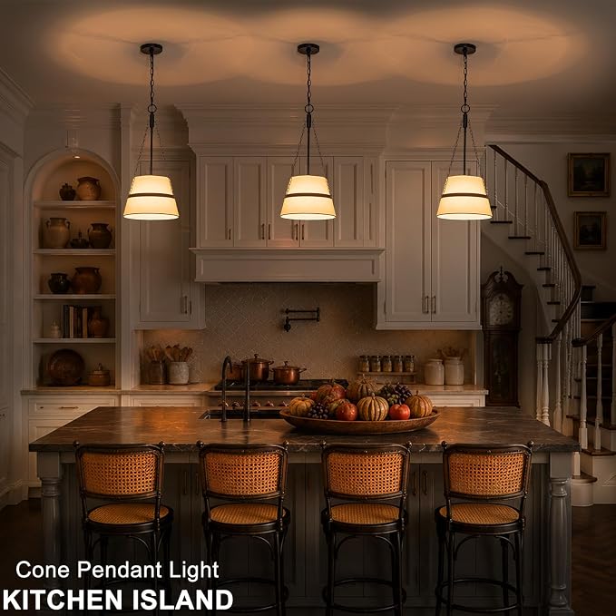 11.4" Black Drum Pendant Light for Kitchen Island, White Linen Fabric Shade | Modern Transitional, Cone Shape, 3 Side Chains, 1-Light, Breakfast Nook, Reading Corner, Adjustable Height 11.42"W x 23.82"H