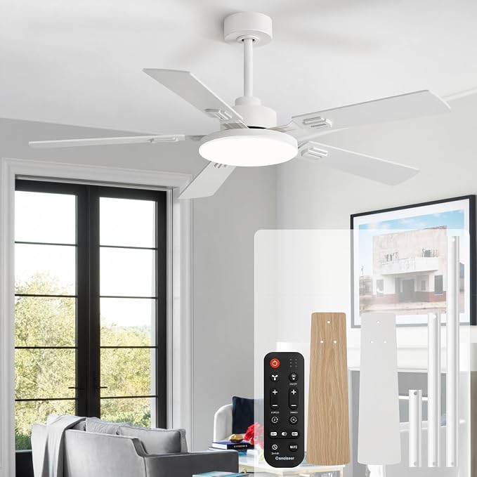 60 Inch Ceiling Fans with Lights and Remote, Bedroom Living Room Office Library Cafe Outdoor Industrial, 5CCT Dimmable, Dual Color 5 Blades, 6 Speed Reversible Quiet DC Motor, White/Wood Grain