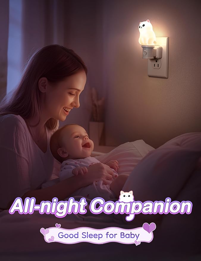 KINDEEP Kids Night Light Plug in: Cute 3D Cat Nightlight with Dusk to Dawn Sensor, RGB & Soft White 3000K, Toddler Night Light Plug into Wall for Room Decor 1 Pack (White Persian Cat)