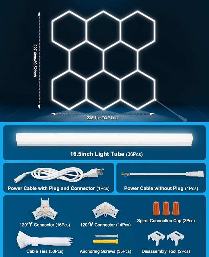 Hexagon Garage Lights: Hexagon led Gym Lights 40000LM DIY LED Shop Light | Car Detailing Ceiling Light for Basement Warehouse Workshop Barbershop Car Care Wash Room Exhibition 6500K