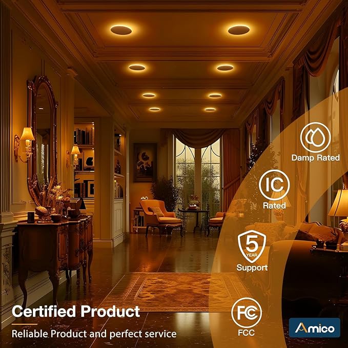 Amico 2 Pack 4 Inch LED Recessed Light with Night Light, 5CCT, 700LM | Ultra-Thin Ceiling Light, 5%-100% Dimmable, No Flicker, 2700K-5000K, Canless Wafer Downlight with J-Box, 10W=90W, IC/ETL/FCC