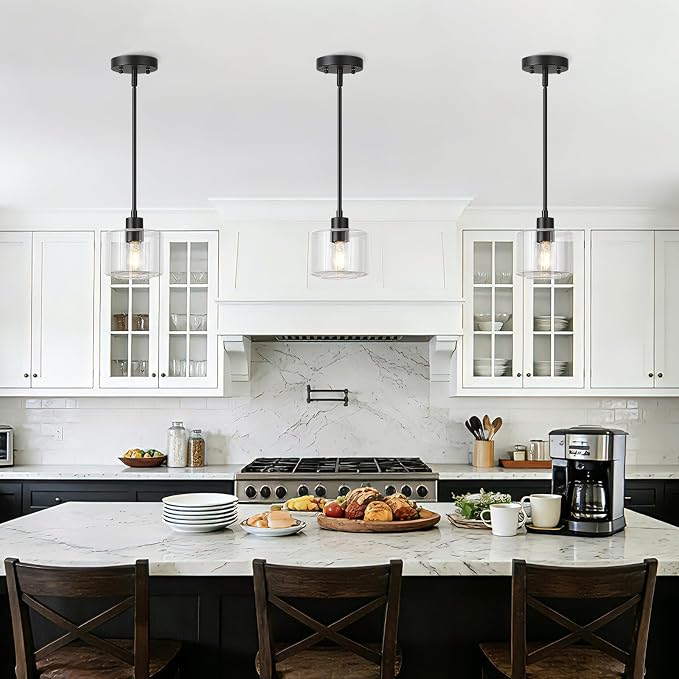 Black Pendant Lights Kitchen Island 2 Pack, Modern Clear Glass Hanging Light Fixtures with Rods, Mini Kitchen Pendant Lighting Over Island for Sink Bathroom, OS-YQ8153-2PBKC