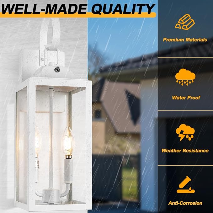 19" White Dusk to Dawn Outdoor Wall Lantern 2-Light, Farmhouse Porch Lights | Waterproof Outdoor Wall Sconce, Anti-Rust Modern Outdoor Light Fixture with Glass Large Coach Lights for Porch Garage, 1-Pack