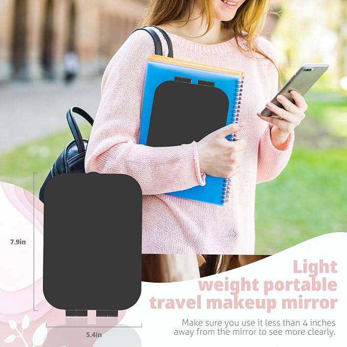 Travel Makeup Mirror, Portable Rechargeable Mirror with Lights | USB-Rechargeable, 3 Color LED Lighting, Adjustable Brightness, 7.9x5.4 inch, 1200mAh Battery, Gift for Women and Girls, Black