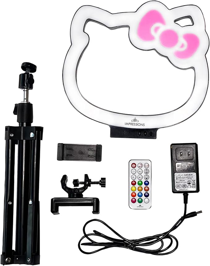 Impressions Vanity Hello Kitty 10 Inch RGB Desk Ring Light with Stand and Phone Holder, LED Selfie Lights with Rainbow Color Modes, Noise Sensor Provide Light Affect to Music Beat Perfect for TikTok