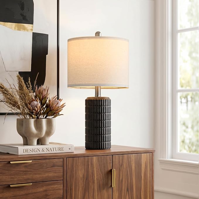 PoKat 21'' Black Table Lamp with Gift Box, Small for Bedroom, Stone-Like | Farmhouse Bedside Lamp for Nightstands, Matte-Textured Ceramic Design, Ideal Gift, Modern Home Decor for Living Room Hallway