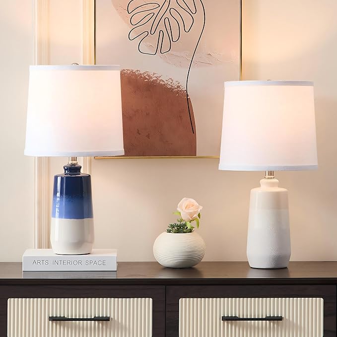 EUO 20.5" Ceramic Blue Lamps for Nightstand Set of 2, Blue Table Lamps for Living Room Set of 2, Coastal Table Lamp for Bedroom with White Barrel Lampshade, Blue White Ceramic Lamp for Small Space