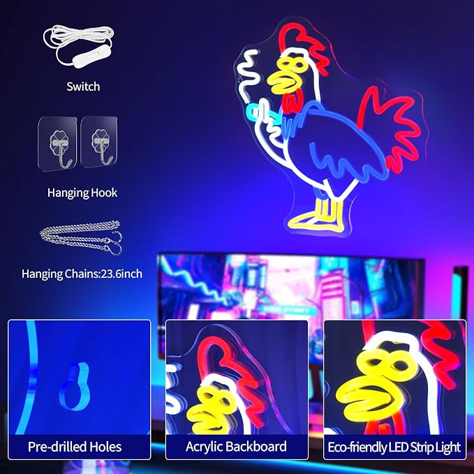 JEDAEMEN Rooster Neon Signs for Wall Decor LED Sign Neon Lights Room Decor | Rooster Led Light Sign Preppy Game Room Decor Light Up Sign for Birthday Party Decoration USB Powered