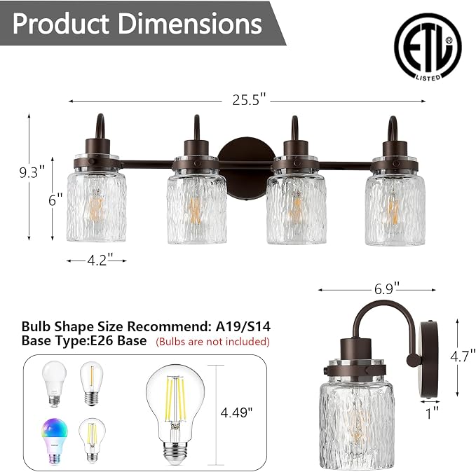 4 Lights Hammered Glass Bathroom Vanity Light, Oil Rubbed Bronze | Easy Installation,Up or Down,Farmhouse Modern Style,E26 Socket,ETL Certification