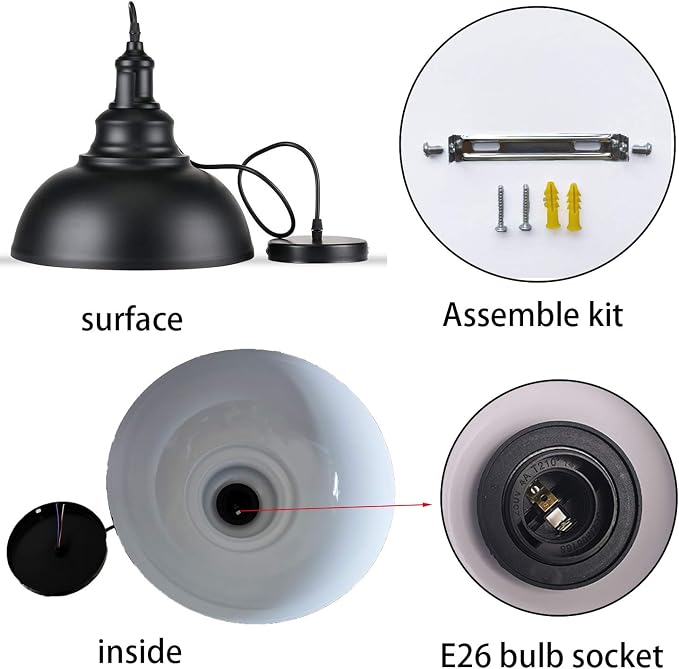 Black Dome Metal Pendant Lights - Hanging Ceiling Fixture for Industrial, Farmhouse Kitchen Island, Dining Room, Foyer (3 pack)