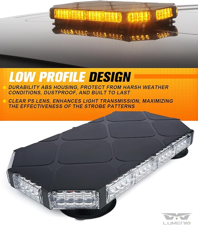 LUMENIX 56 LED Roof Top Strobe Beacon Lights Bar Rooftop Hazard Warning Emergency Safety Flashing Plow Light for Construction Vehicles Tow Commercial Trucks Postal Security Cars Snowplow - Amber