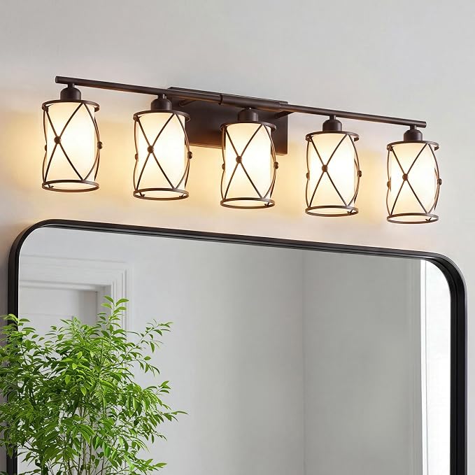 5-Light Oil Rubbed Bronze Bathroom Light Fixtures Over Mirror, 38" UL-Listed Modern Farmhouse Wall Sconce Lights with Milk White Frosted Glass and Metal Cage for Bath, E26, CH9176ORBW-5W