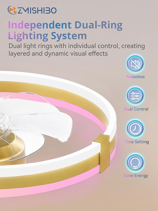 ZMISHIBO 20" RGB Low Profile Ceiling Fans with Lights and Remote, Gold | Custom RGB+3CCT Dimmable, 6 Speeds, Remote/App Control, Reversible DC Motor, Memory, Timer, Modern Fandelier for Kids/Bedroom