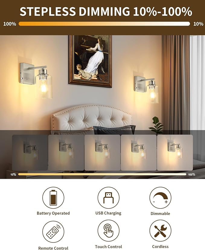 Rayogale Wireless Battery Operated Wall Sconce Set of 2 with Remote Control | Nickel Dimmable Rechargeable Wall Lights with Timer, Easy Install Glass Lamp for Living Room Bedroom, Emergency 3000K
