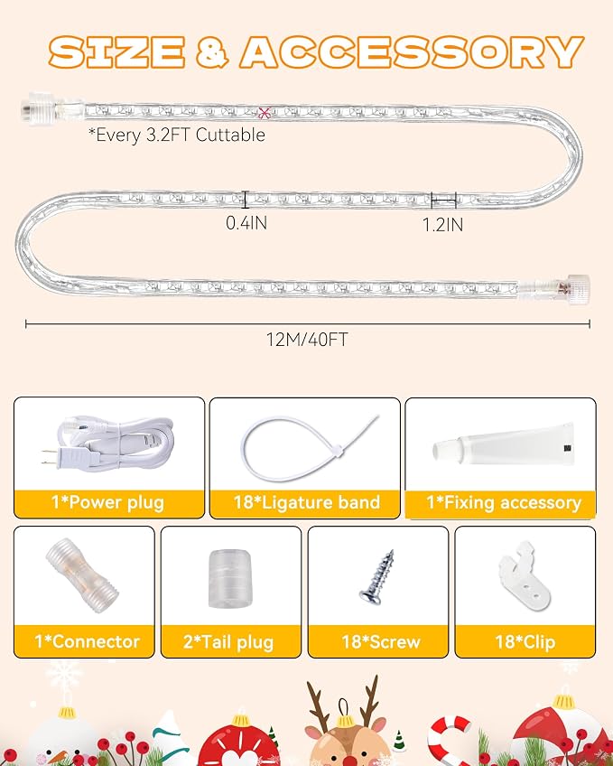 LED Rope Light, IP65 Tube Light for Christmas Patio Trees Decor, 40FT 3000K | Waterproof Clear Tube Light Plug in, 432 Warm White LEDs 110V Flexible Cuttable Connectable for Outdoor Balcony Bedroom