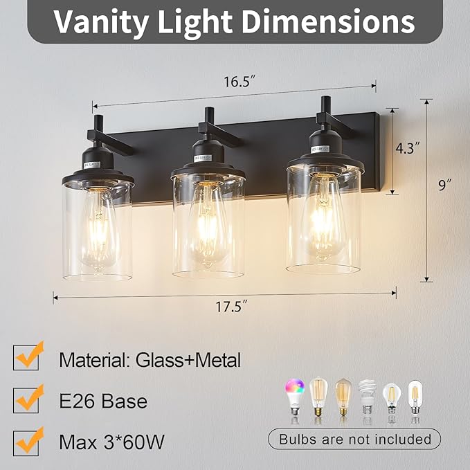 3-Light Black Bathroom Light Fixture Over Mirror Modern Farmhouse Bathroom Vanity Light Vintage Wall Lighting with Clear Glass Shade for Bathroom, Bedroom, Hallway, Cabinet