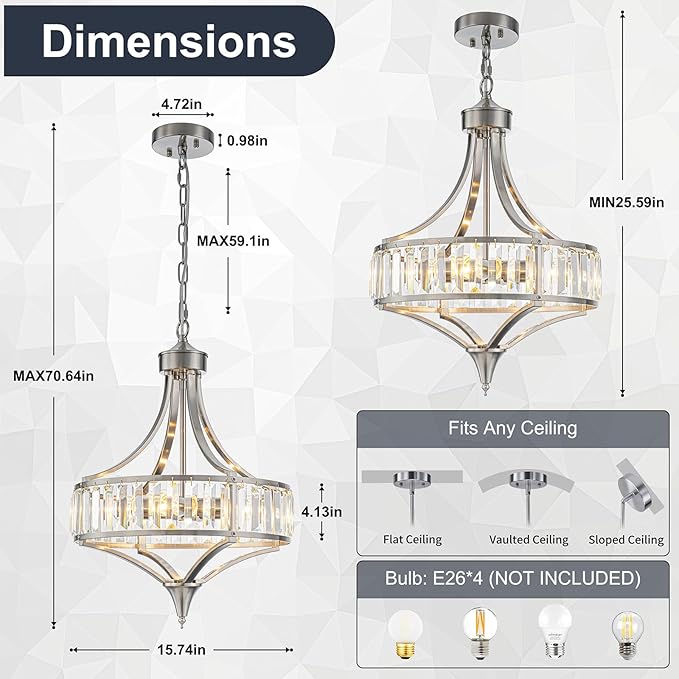 Brushed Nickel Bathroom Chandeliers for Dining Room,15.7" Modern Round Crystal Chandelier Over Tub,4-Light Unique Pendant Light Fixtures for Entryway Foyer Living Room Bedroom Kitchen Island