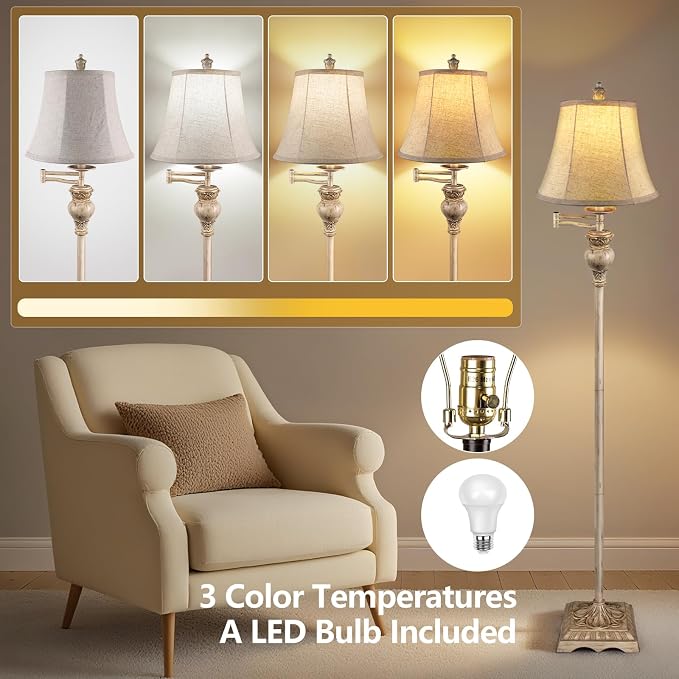 Vintage Floor Lamps for Living Room,Traditional 350° Adjustable Swing Arm Farmhouse Floor Lamp for Bedroom, Rustic Standing Lamp Pole Lamps for Reading, Home Décor and Office, White