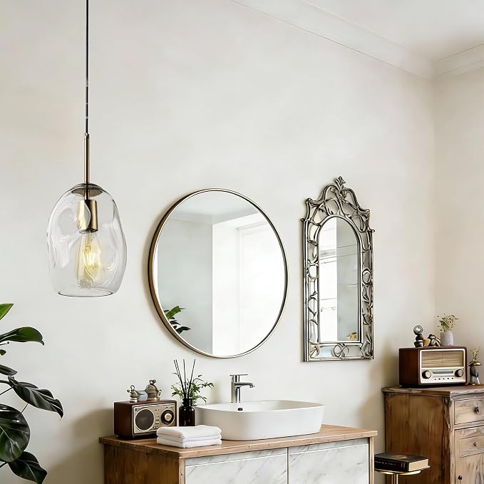 Modern Clear Glass Pendant Lights for Kitchen Island, E26 Base | H8.6 Inch Hand Blown Ideal for Bedroom/Hallway/Bathroom/Dining Room/Foyer, Organic Globe Adjustable Hanging Height Fixtures