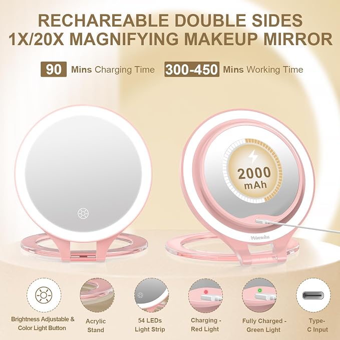 Mocado 1X/20X Magnifying Mirror with Light, Travel Makeup Mirror with Light | Double Sides Travel Mirror with 3 Color Light, Dimmable Touch, 1500mAh Rechargeable, Brightness Adjustable(Pink)