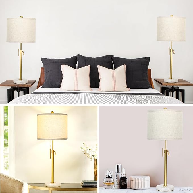 Table Lamps for Bedrooms Set of 2, 22" to 30" Height Adjustable Nightstand Lamps with Linen Shade, Pull Chain Switch Lamps for Living Room, 3 Way Dimmable Bedside Lamp