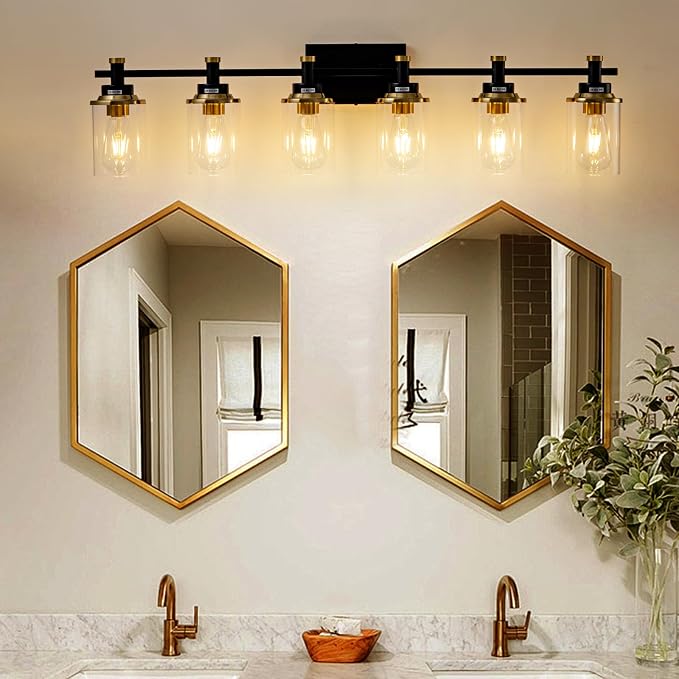 6 Bathroom Vanity Lights, Black and Gold Bathroom Light Fixtures, Sconces Wall Lighting with Clear Glass Shade, Modern Brushed Gold Vanity Lighting Fixtures for Bathroom, Bedroom, Hallway