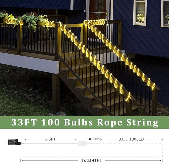 33FT 100 LED Rope Lights for Outside, 16 Colors Waterproof String Lights with Plug & Remote, Multicolor Twinkle Fairy Tube Lights for Indoor & Outside Camping Garden Patio Party Christmas Décor