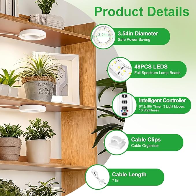 3.54" Ceiling Grow Light for Indoor Plants, Warm&White Full Spectrum Plant Light, Growing Lamp with 6/12/16H Auto Timing, 10 Dimmable Brightness Levels for Small Plants,2Head