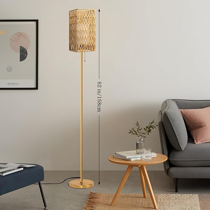 Ruiever Floor Lamp for Living Room,Farmhouse Floor lamp,Modern Standing lamp with Hand-Worked Rattan Shade (Square Rattan Shade Body Gold Color-3 Color Bulb)