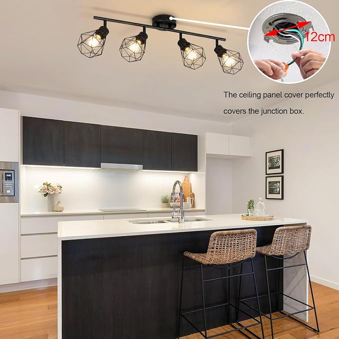 Plug in Track Lighting Kit, 80cm LED 4 Light Kitchen Track Lighting, Corded Wall Light with 16.4ft Cord, 4 Way Ceiling Spot Lighting Flexibly Rotatable Head Not Include Bulb (4-Black-Cage)
