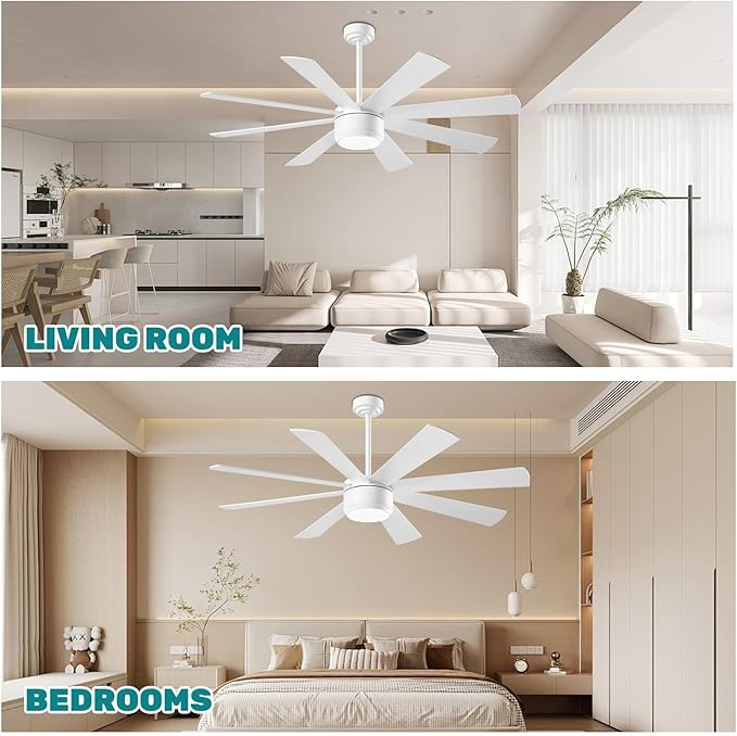 App Commercial Industrial Ceiling Fan with Lights and Remote Control, 8 Blade Reversible Stepless Brightness and Color Temperature (White, 60 Inch)