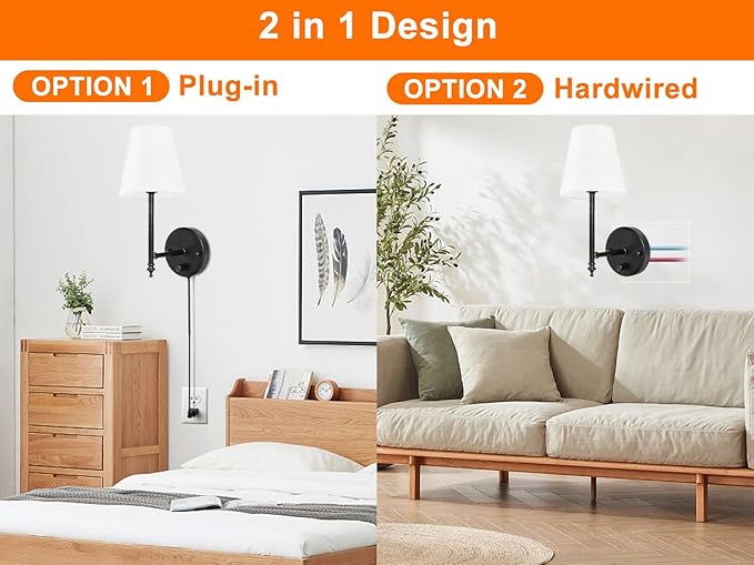 14.1 inch Wall Sconces Set of Two with Remote Control, Dimmable, Adjustable Colors 2700-6500K, Plug in Wall Sconces with White Fabric Shades, Plug in Wall Light, Black