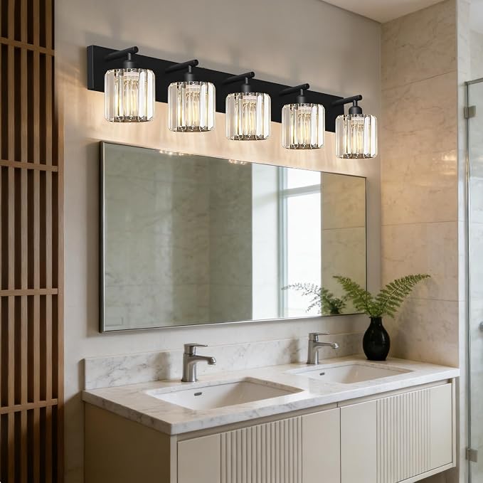 Black Crystal Bathroom Vanity Light, 5-Light Modern Bathroom Lighting Fixtures Over Mirror, Matte Black Wall Sconce Light Fixtures with Round Shade