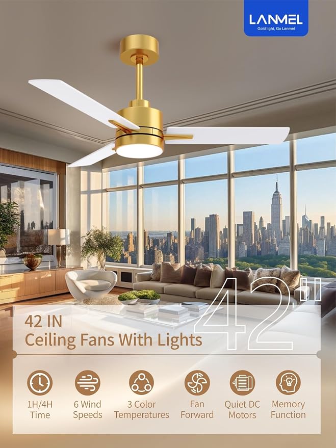 LANMEL Metal Ceiling Fan with Lights and Remote, 42 Inch, Gold & White | Modern Low Profile Flush Mount, Reversible, 3CCT Dimmable, Quiet, LED, For Bedroom, Living Room, Indoor/Outdoor Patio Use