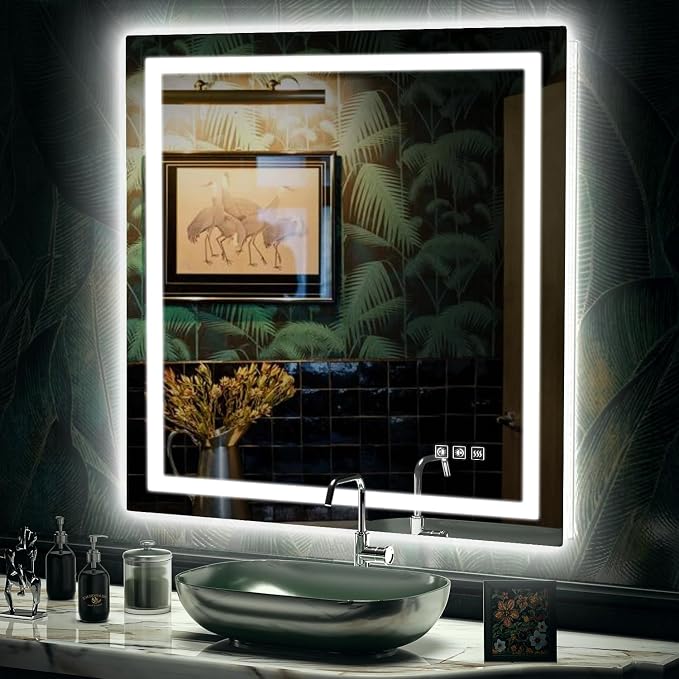 LED Mirror for Bathroom, 36x36 Inch Backlit + Front Lighted | Bathroom Vanity Mirror with Lights for Wall, Double Light Strips, 3 Colors, Shatter-Proof, Anti-Fog and Brightness Memory