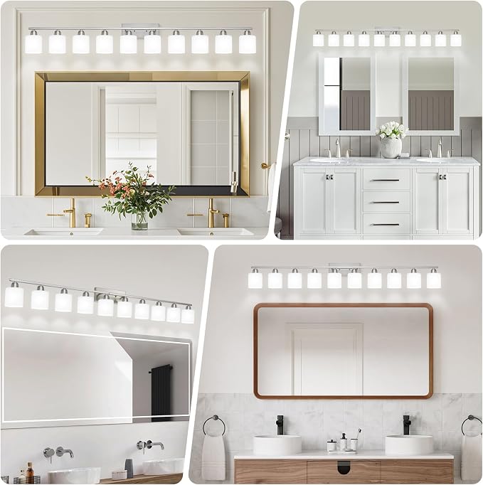 Brushed Nickel Bathroom Sink Lighting Fixtures for Giant Mirror, Anti-Rust Finish 65 inch 10 Light Bathroom Vanity Light Fixtures Modern with Milky White Frosted Glass