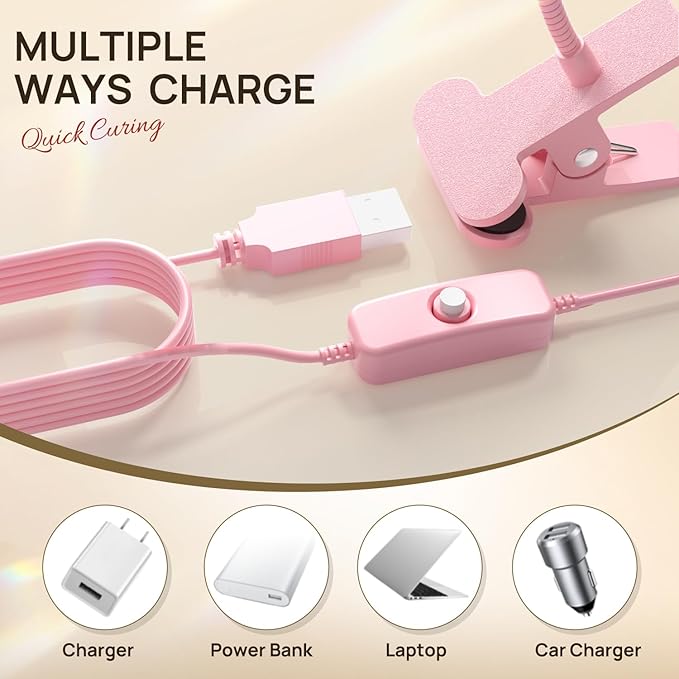 AORAEM LED Nail Lamps 3W Flexible Gooseneck Lamp Quicky Dry Nail Manicure Dryer Gel Polish Curing Light Plug Play Portable Flash Cure Light for Gel Nails Home DIY Professional Nail Tools Pink
