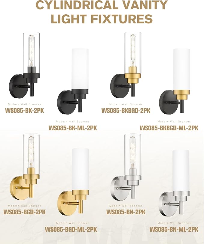 Emak Brushed Nickel Sconces Wall Lighting, Modern Vanity Lights with Milk Glass Shade, Wall Sconce for Bathroom, Bedroom, Living Room, Hallway, WS085-BN-ML-2PK