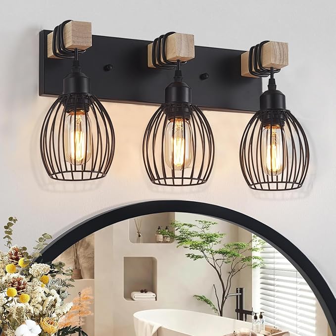 3-Light Farmhouse Vanity Light for Bathroom, Wood Wall Sconce with Elegant Teardrop Cage, Industrial Black Vanity Lights Over Mirror for Living Room Bedroom Hallway